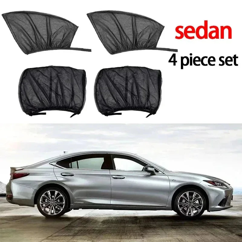 A silver sedan is shown with four black mosquito mesh side window sunshades.
