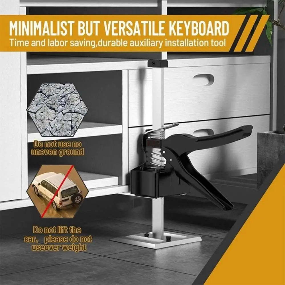 A black tile leveling lifter tool is shown next to a hexagonal tile and a car, demonstrating its use for installation.