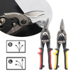 A set of heavy-duty aviation snips for sheet metal cutting showing different blade types and markings.