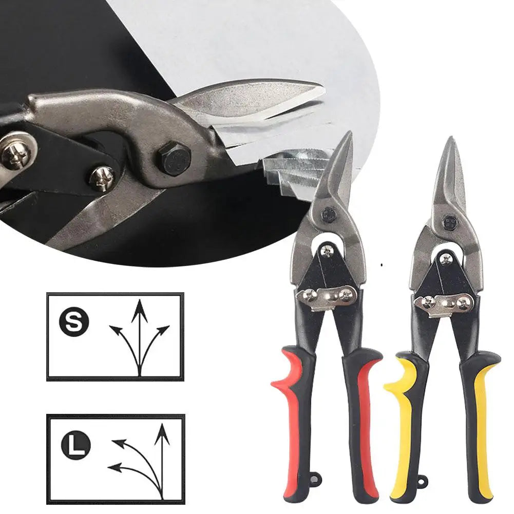 A set of heavy-duty aviation snips for sheet metal cutting showing different blade types and markings.
