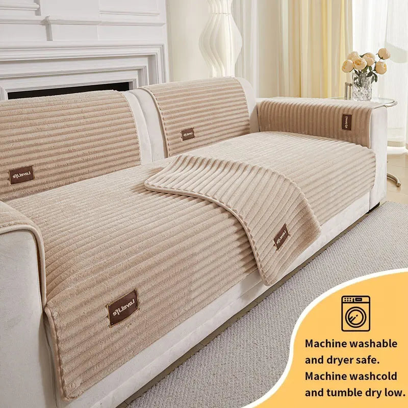 A beige non-slip sofa cushion cover with ribbed texture shown on a light-colored sofa.
