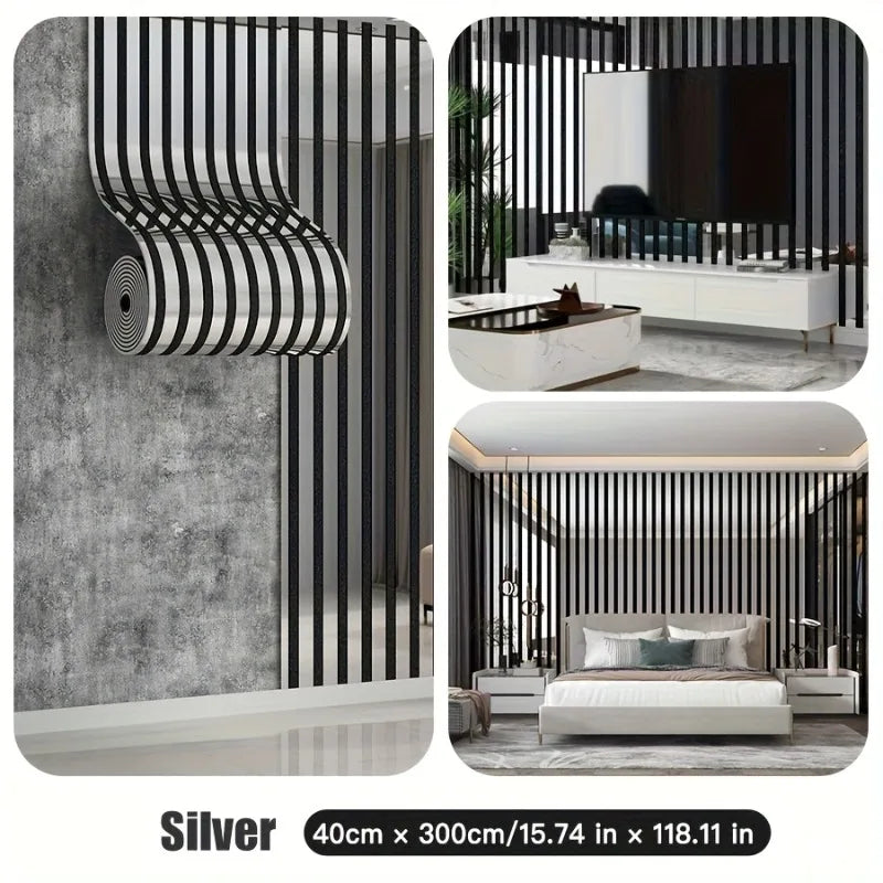 Silver luxury mirror embossed wall panels featuring black and white vertical stripes in a modern interior setting