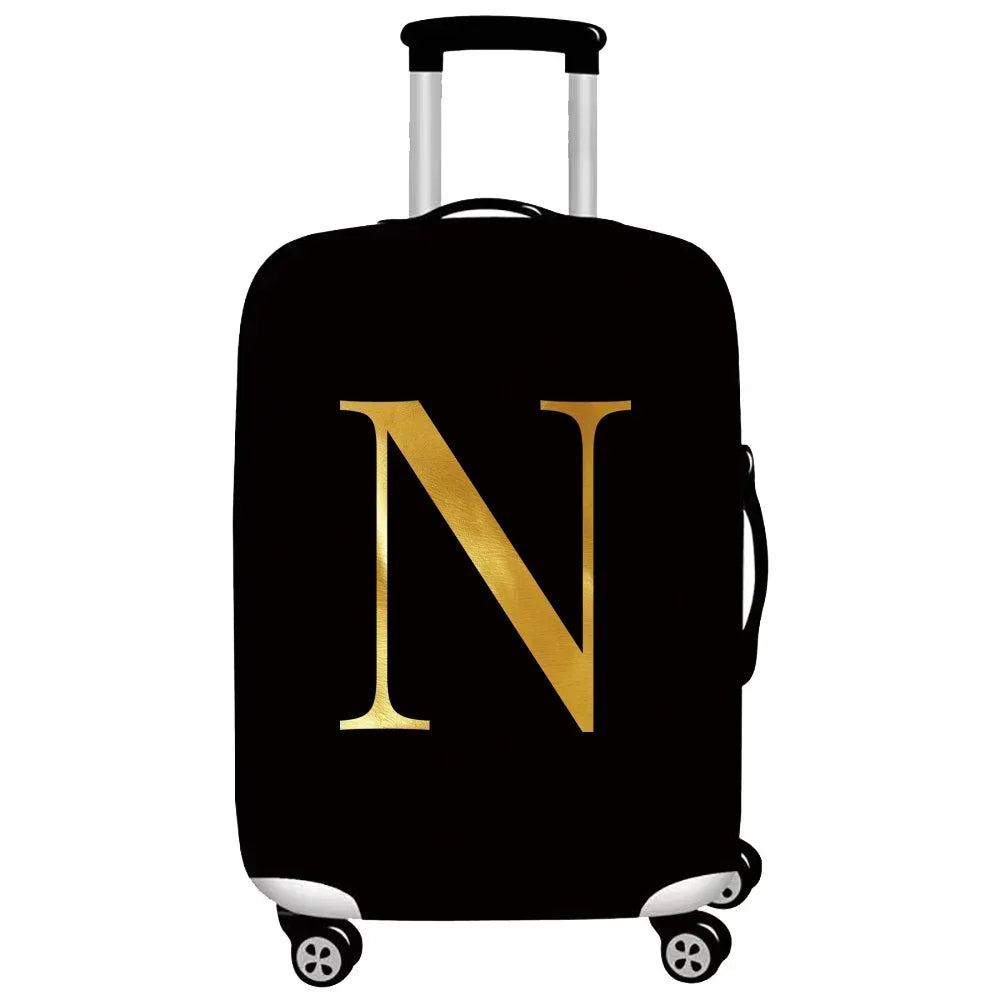 Black rolling luggage with a large gold letter N printed on the side.
