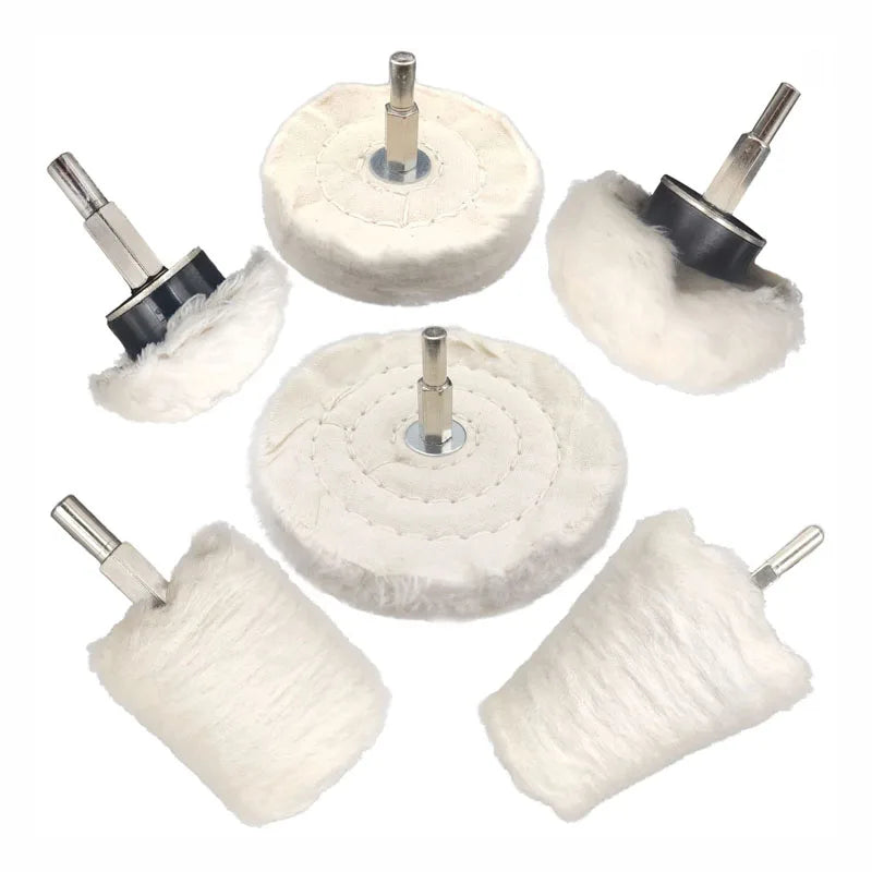 Set of cotton buffing and polishing wheels with drill shanks for use in various applications.