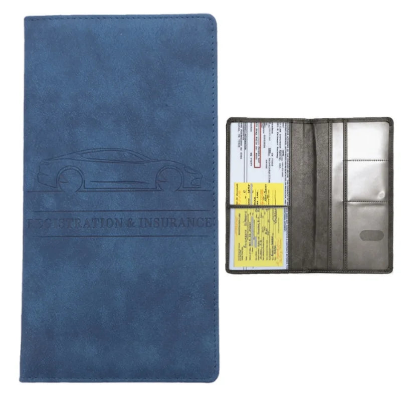 A dark blue leather slim card holder wallet for vehicle registration, license, and insurance cards.