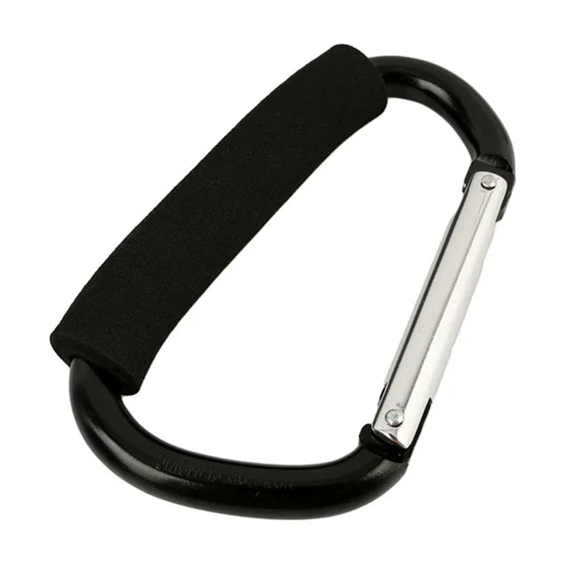 Black and silver heavy-duty aluminum stroller hooks with a comfort grip.