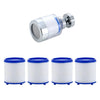 Silver faucet water filter purifier with a rotating splash head and four white filter cartridges.