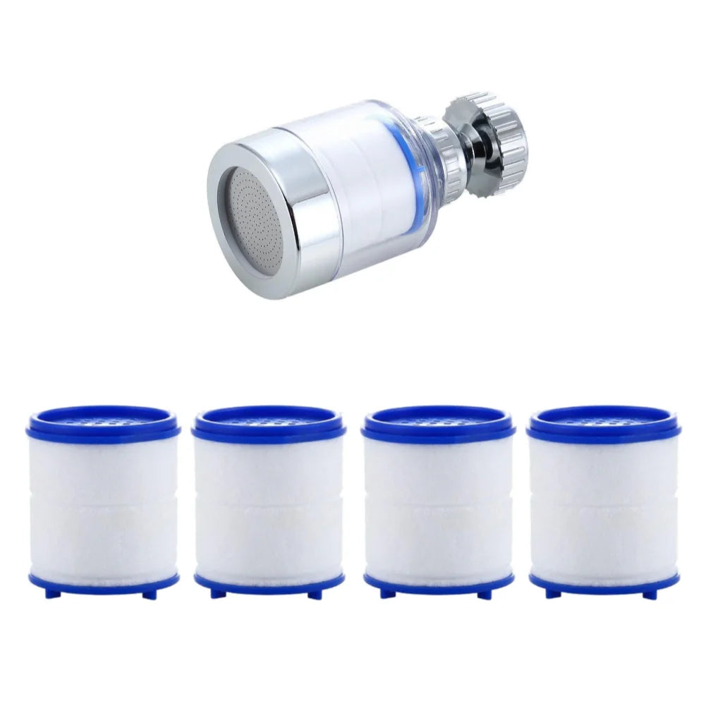 Silver faucet water filter purifier with a rotating splash head and four white filter cartridges.