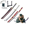 A cosplay sword of a 41-inch katana, featuring a black and red blade with yellow accents, displayed next to a depiction of Ro