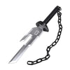 A silver cosplay katana with an inverted spear design and a black chain attached.