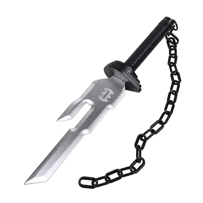 A silver cosplay katana with an inverted spear design and a black chain attached.