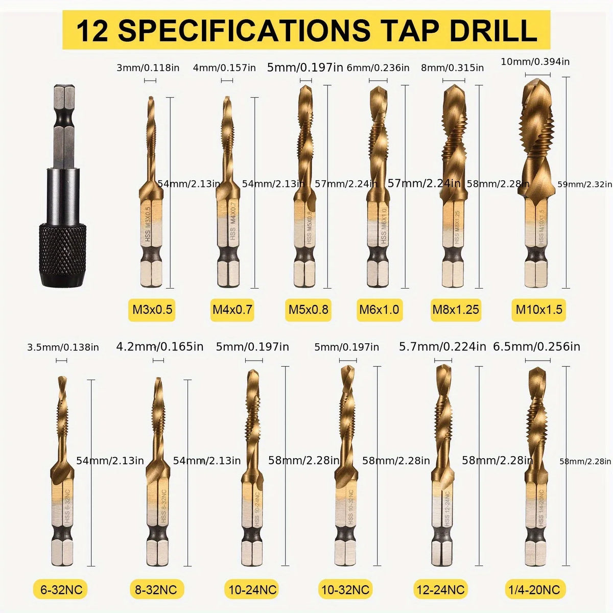 A set of 12 specifications tap drill bits shown in various sizes and angles.