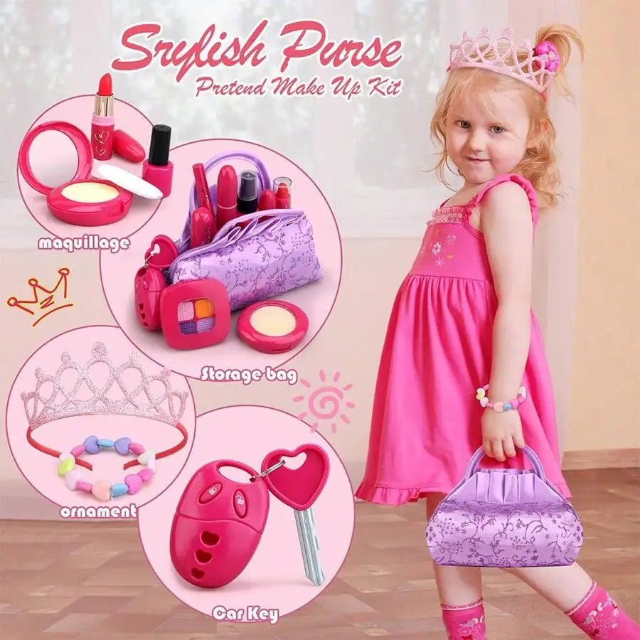 A young girl is shown holding a purple storage bag and wearing a pink dress, with various makeup and ornament accessories dis