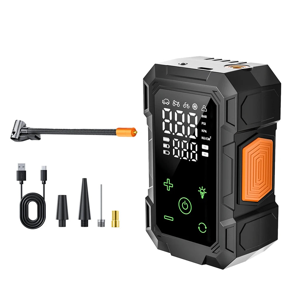 A black portable cordless tire inflator with a digital display and LED light, shown next to an air hose and accessories.