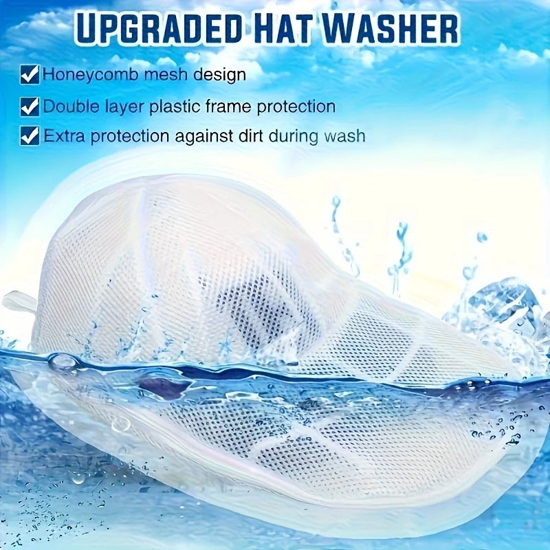 An upgraded hat washer featuring a honeycomb mesh design and double layer plastic frame protection being washed in water.