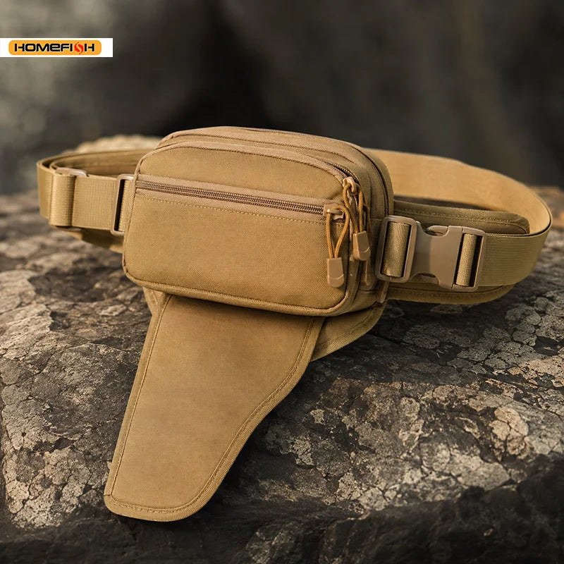 Tan tactical MOLLE waist pack with adjustable straps resting on a dark, textured surface.