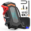 A portable car jump starter device with an LED display, air compressor, and various tools is shown on a black background.