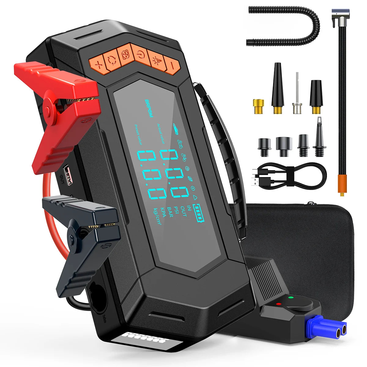 A portable car jump starter device with an LED display, air compressor, and various tools is shown on a black background.