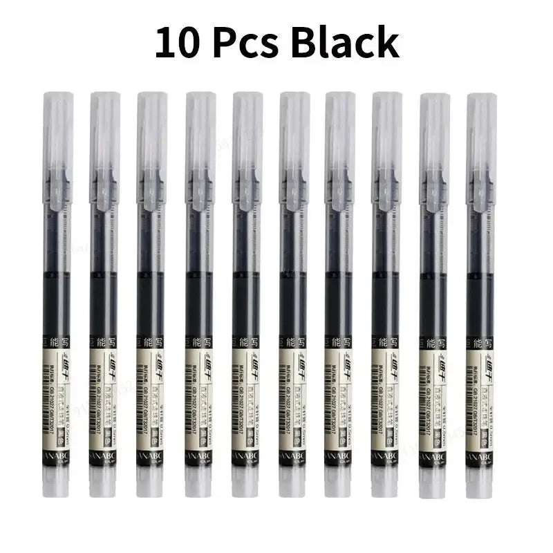 Ten black color gel pens with fine point tips displayed in a row.