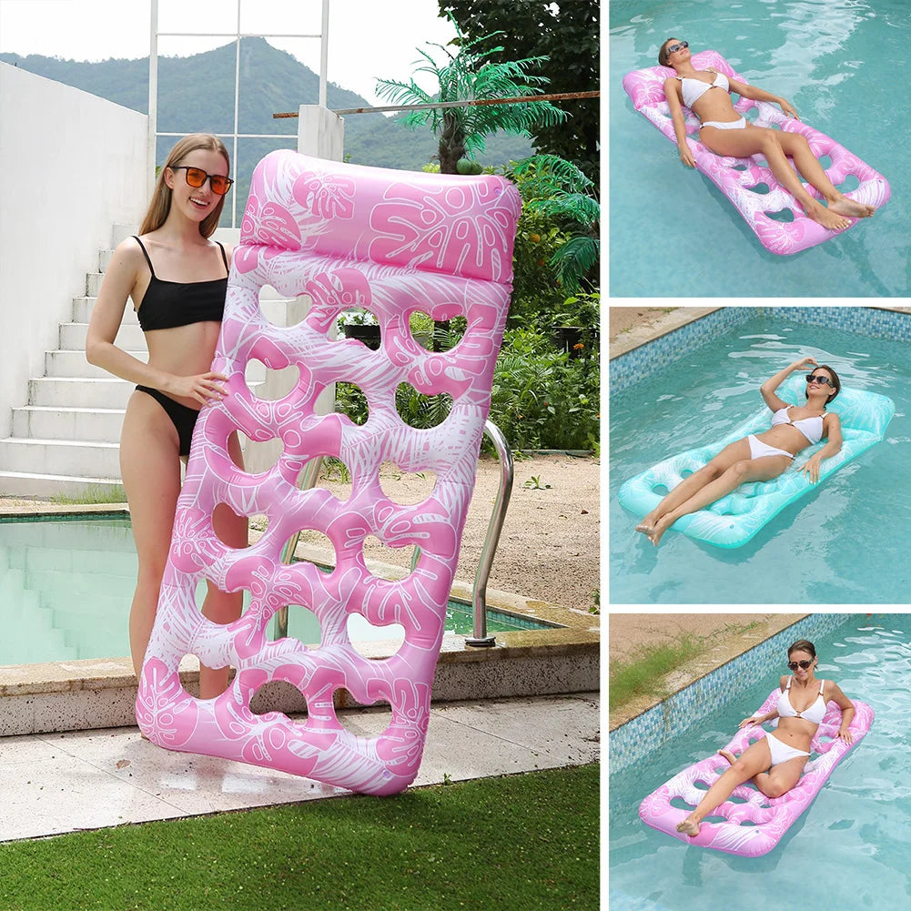 Pink inflatable pool float lounger with headrest being used for relaxing in a swimming pool.