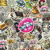A collage of funny money cartoon graffiti stickers featuring various currency, gold, and dollar signs.