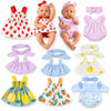 A set of three adorable outfits for a baby doll including a pink strawberry dress, a pink striped romper, and a yellow fruit-
