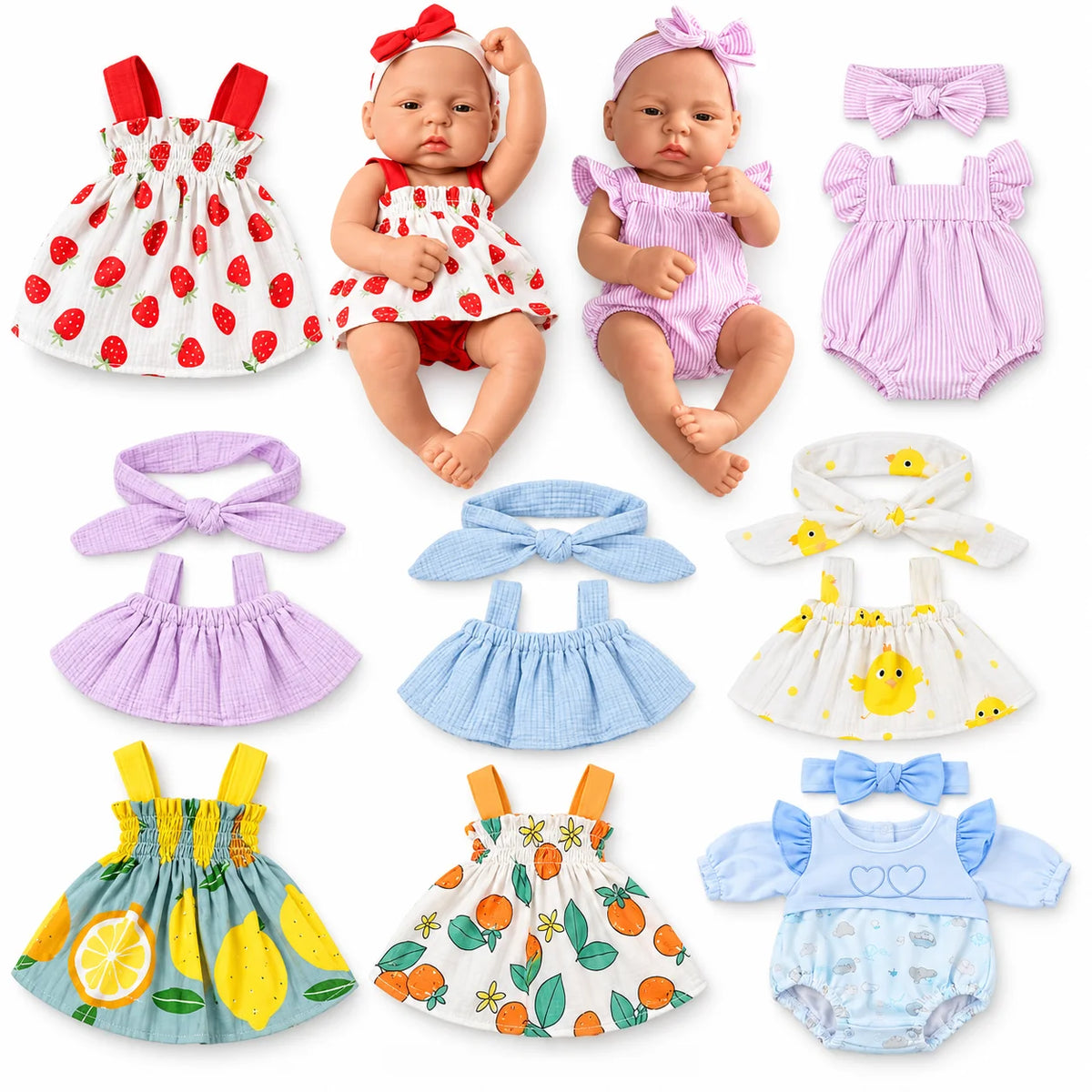 A set of three adorable outfits for a baby doll including a pink strawberry dress, a pink striped romper, and a yellow fruit-