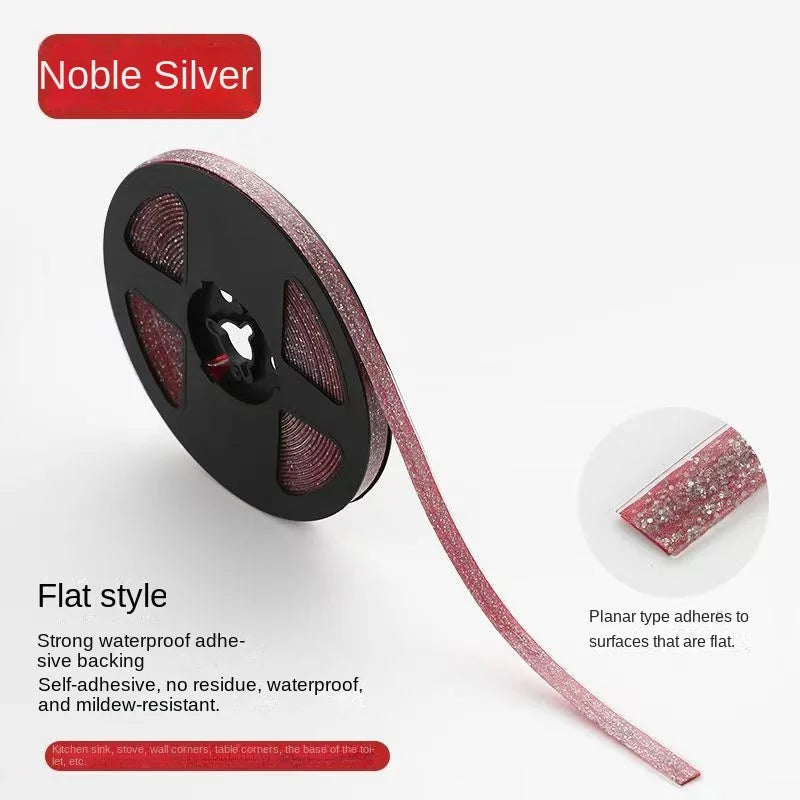 A roll of noble silver flat style waterproof self-adhesive tile gap tape for decorative seams.