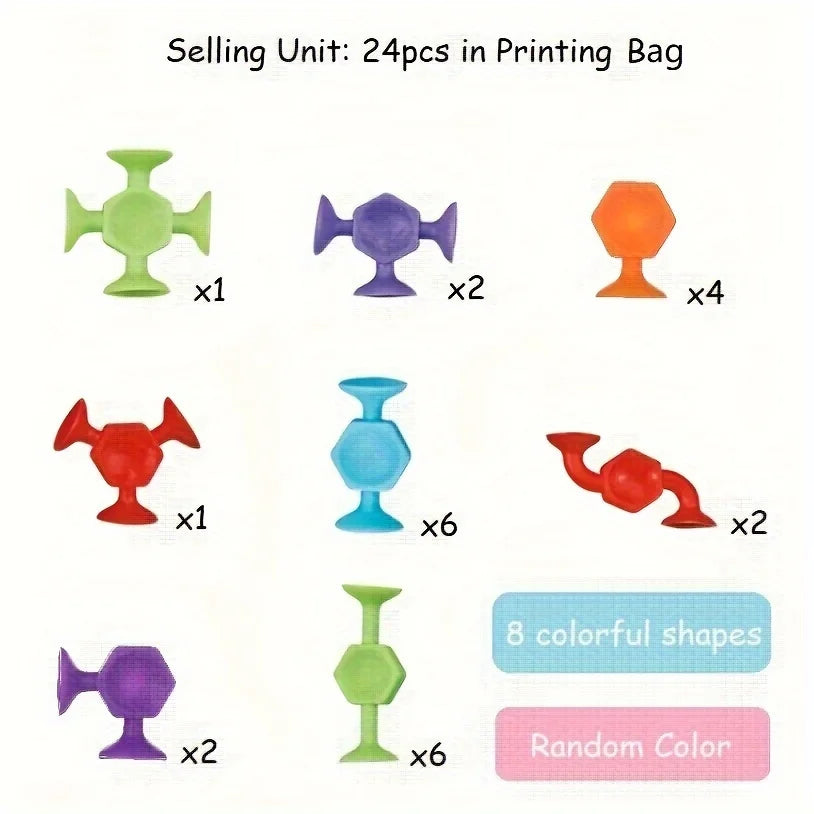 A collection of colorful silicone suction bath toys including various shapes and colors packaged in a printing bag.