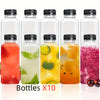Ten clear plastic juice bottles with tamper-evident caps filled with various colored juices and liquids.