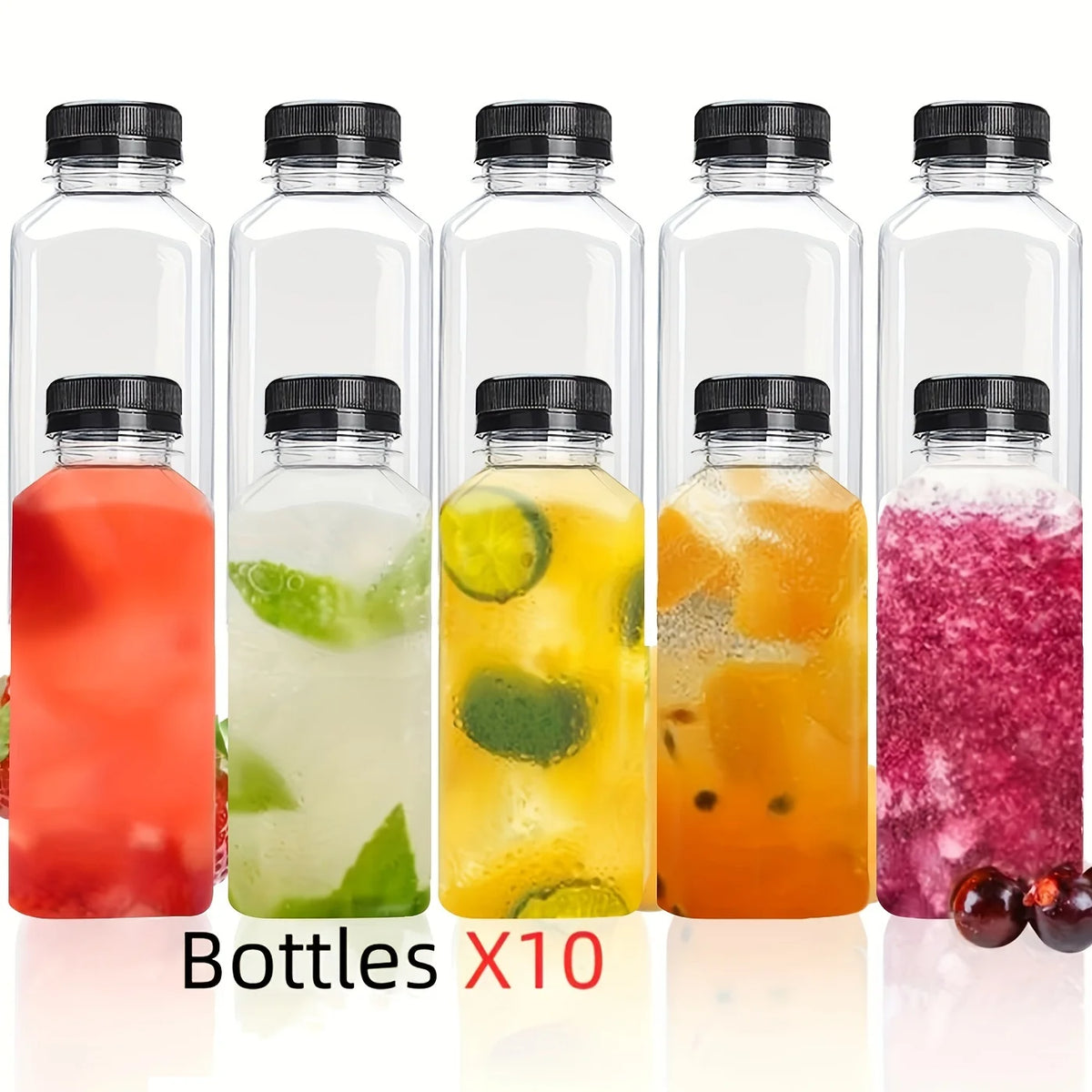 Ten clear plastic juice bottles with tamper-evident caps filled with various colored juices and liquids.