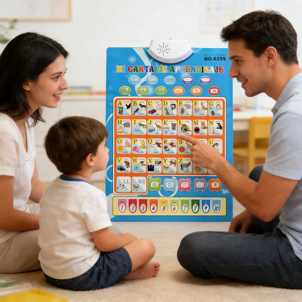 A colorful learning poster showing the alphabet in Spanish and English letters for toddlers.