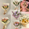 A collection of colorful chenille craft stems in various shades of pink, yellow, and purple arranged in bouquets.