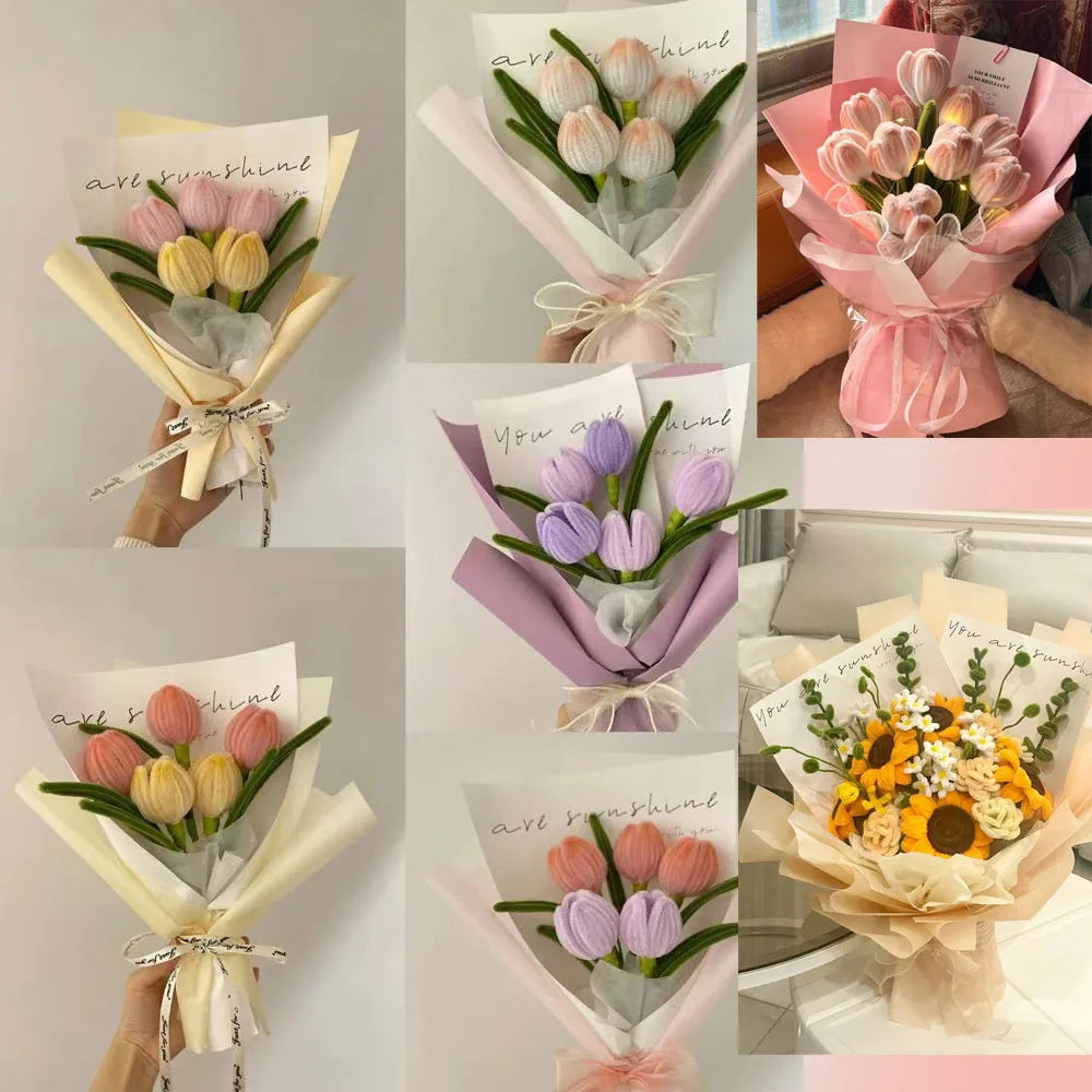 A collection of colorful chenille craft stems in various shades of pink, yellow, and purple arranged in bouquets.