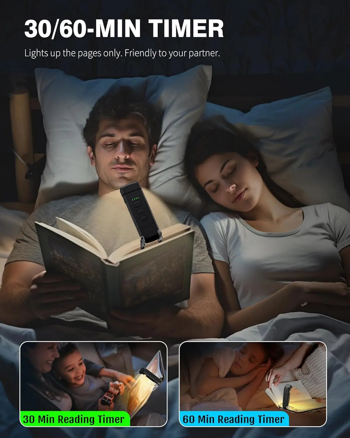 A man and a woman reading together using a 30/60-min timer book light.