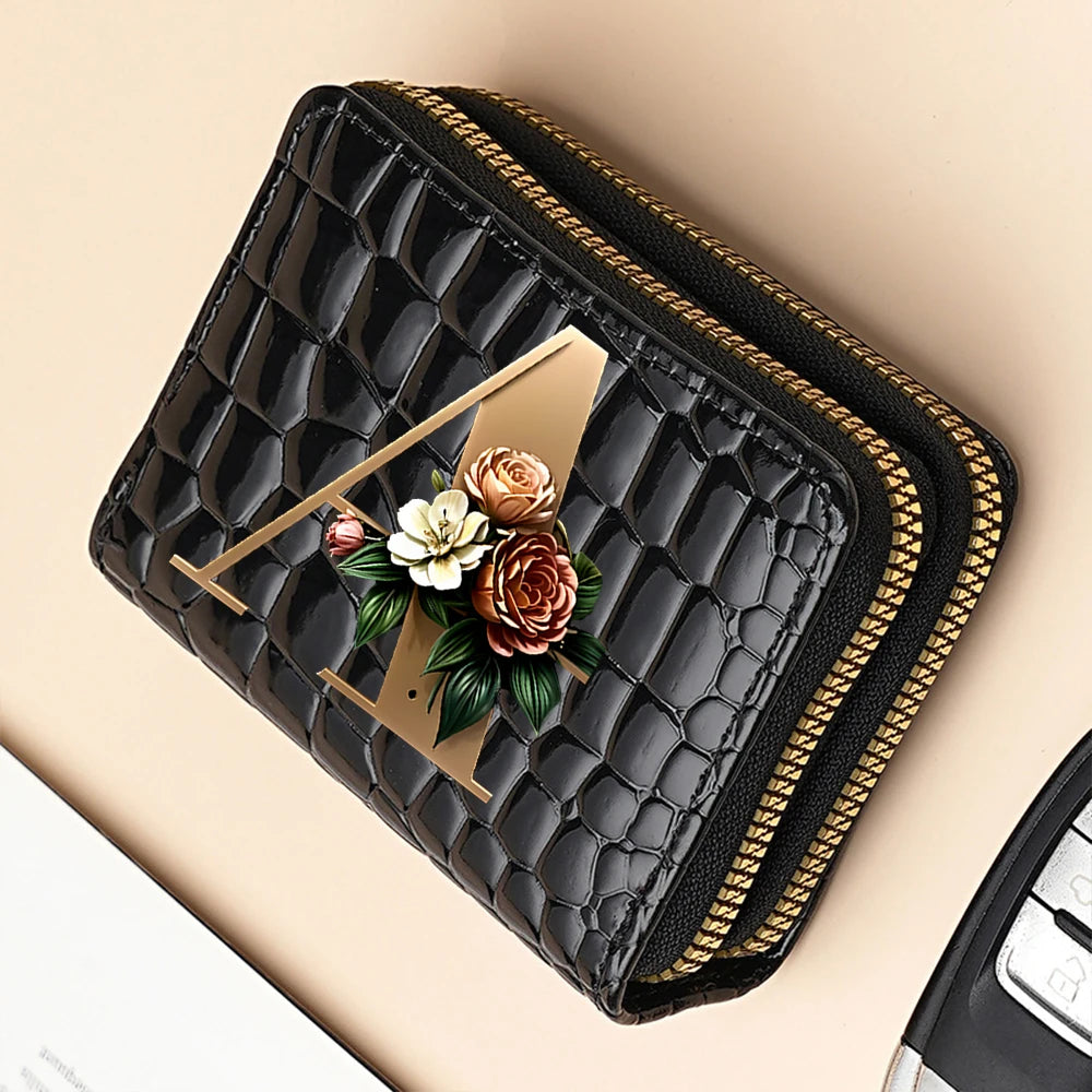 Alphabet Flower Double-Zip Card Wallet with Secure Clasp