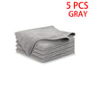 A stack of five gray ultra-fine microfiber cleaning cloths.