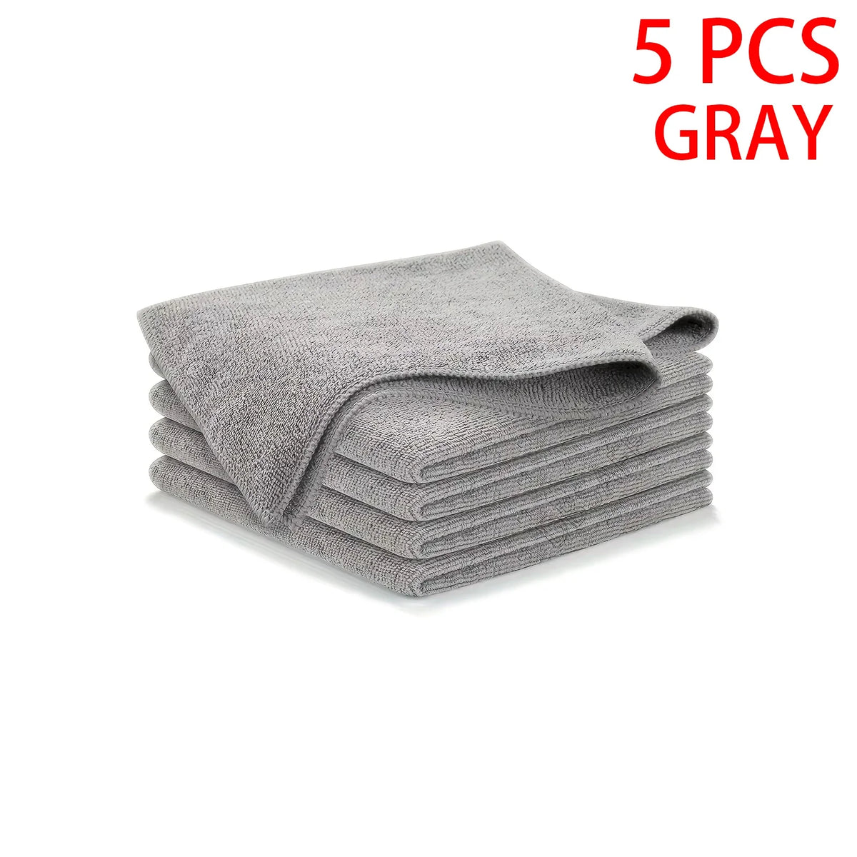 A stack of five gray ultra-fine microfiber cleaning cloths.