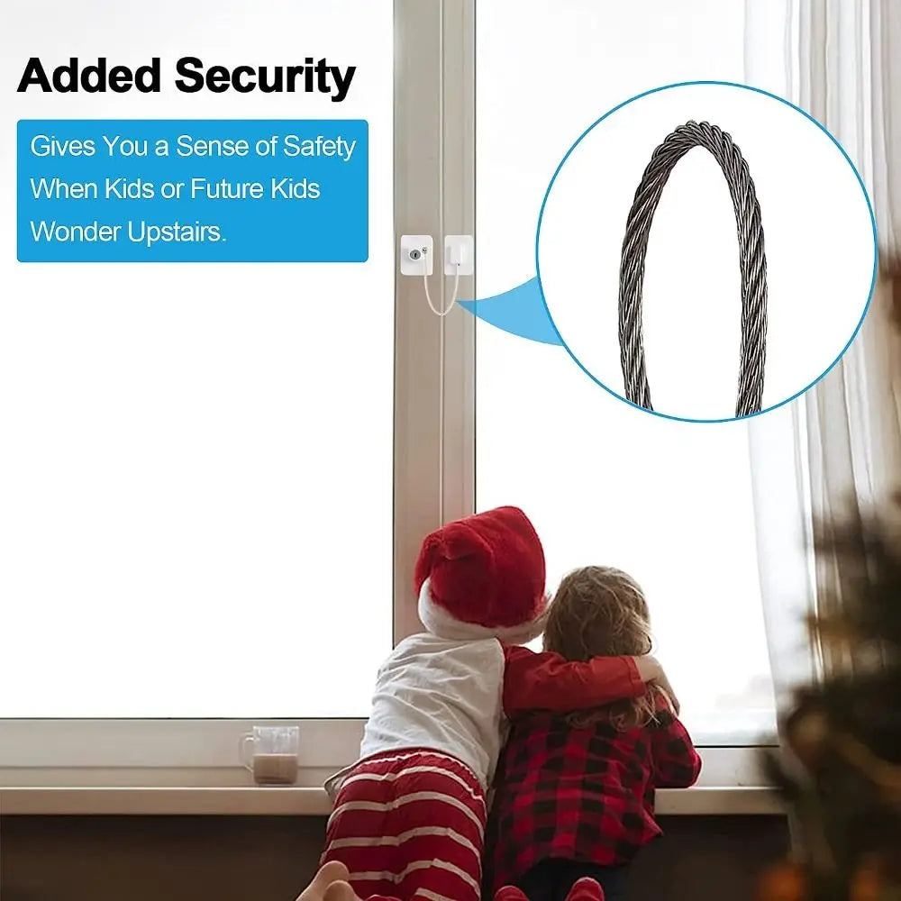 A child is looking out a window where a self-adhesive safety lock is visible, emphasizing added security for children.