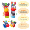 A set of soft baby wrist rattles and foot finder socks featuring colorful bug designs for stimulating a baby's sight and touc