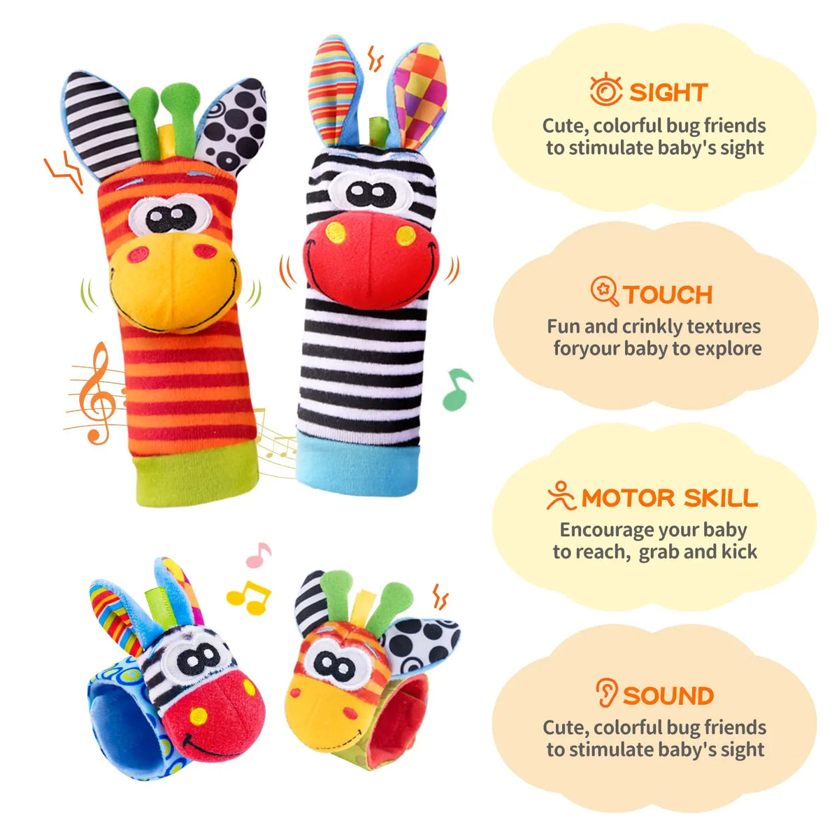 A set of soft baby wrist rattles and foot finder socks featuring colorful bug designs for stimulating a baby's sight and touc
