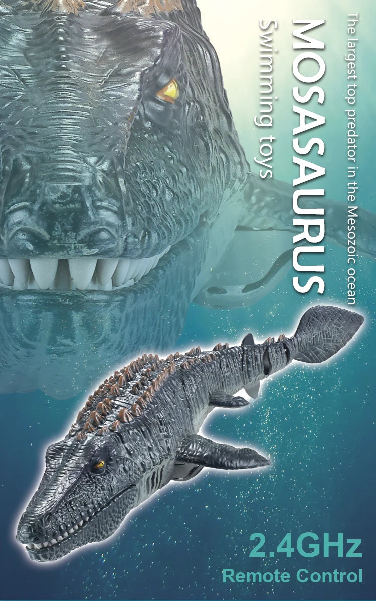 A toy model of a Mosasaur dinosaur with a 2.4GHz remote control for swimming in water.