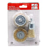 A set of steel wire brush wheels and cups packaged in a red plastic pouch for metal cleaning and polishing.