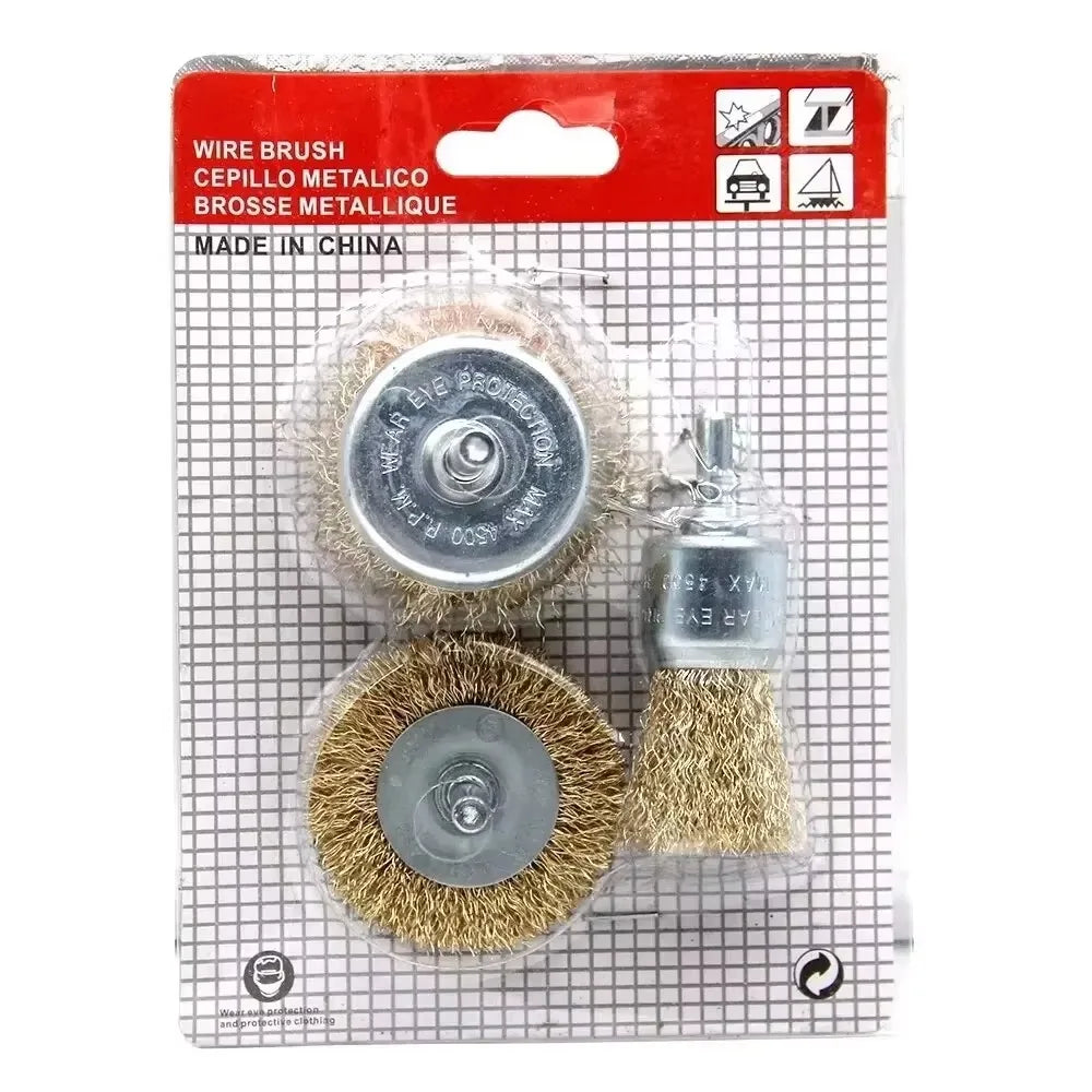 A set of steel wire brush wheels and cups packaged in a red plastic pouch for metal cleaning and polishing.