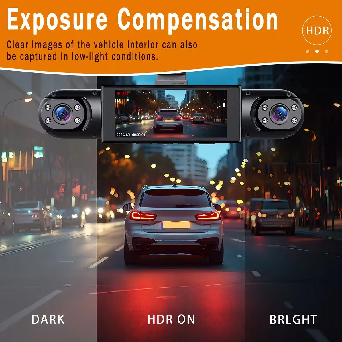 A dash cam is shown capturing a car in low-light conditions, demonstrating exposure compensation features.
