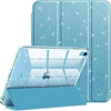 Coque bleue scintillante et protectrice pour iPad, montrant une silhouette de personne.