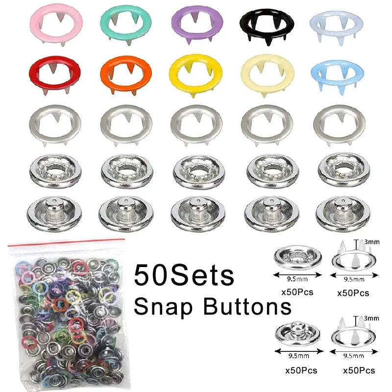 A collection of 50 sets of metal snap buttons in various colors and sizes with pliers for DIY sewing projects