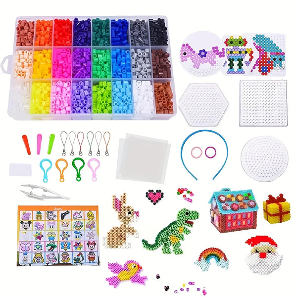 A colorful fuse bead DIY craft kit featuring various colors and shapes of beads, including animals and geometric patterns.