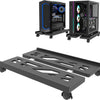 A black adjustable rolling CPU stand with wheels designed for under-desk use.