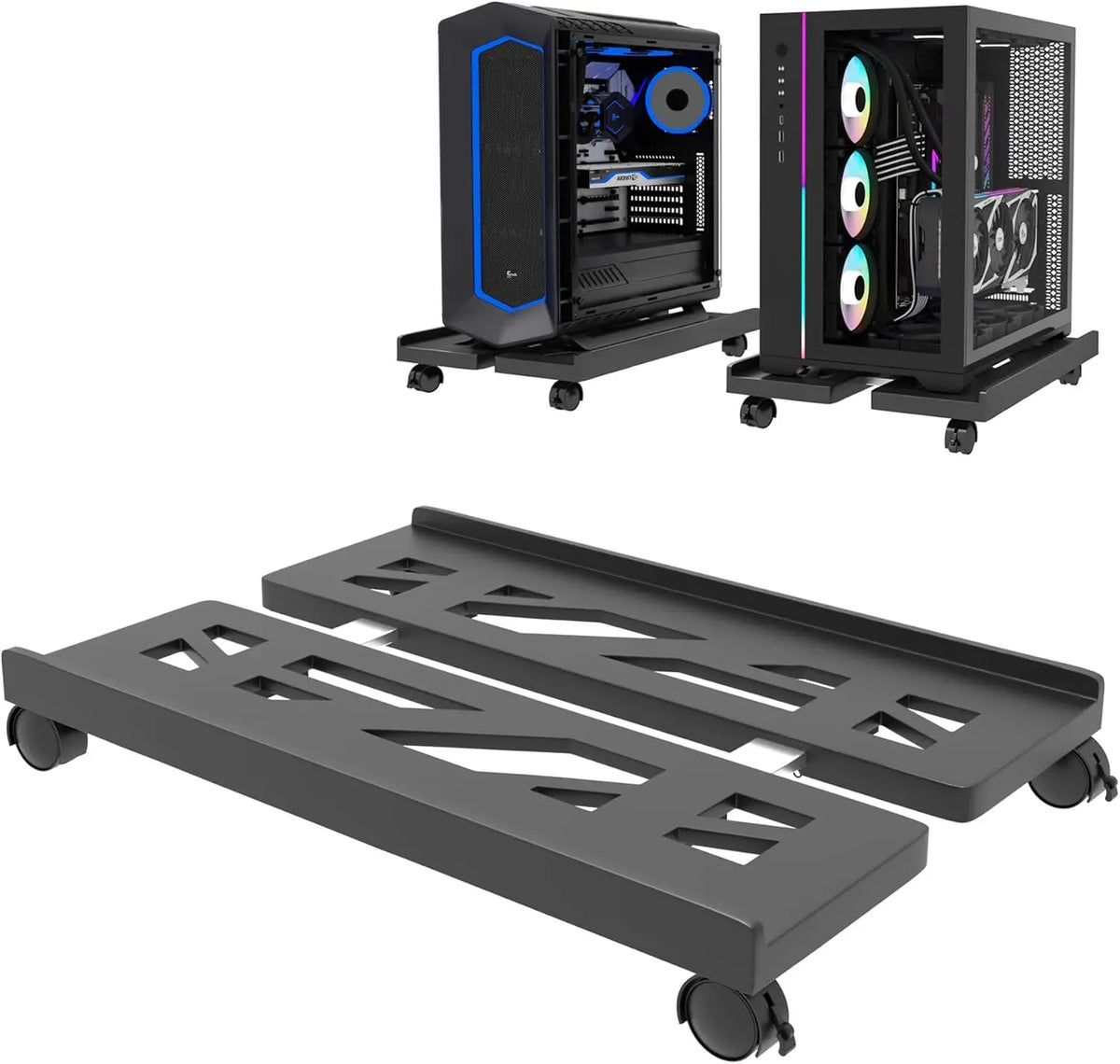 A black adjustable rolling CPU stand with wheels designed for under-desk use.